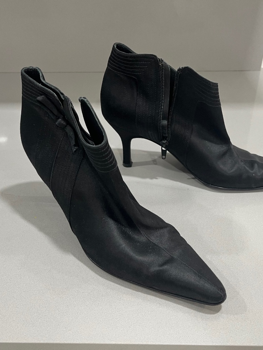 Salvatore Ferragamo Black Satin Heeled Booties.  7B